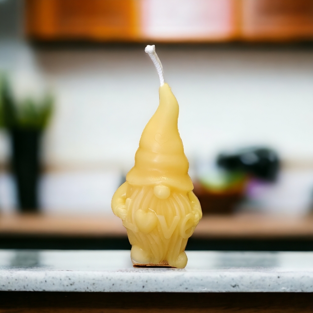 Single pure beeswax love gnome candle handmade in northeast Ohio